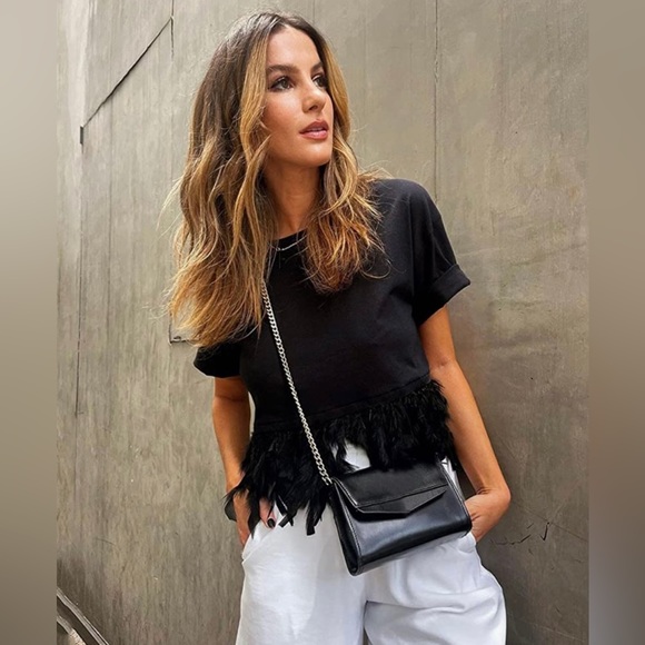 NWOT black top with feather trim - Small - Picture 4 of 4